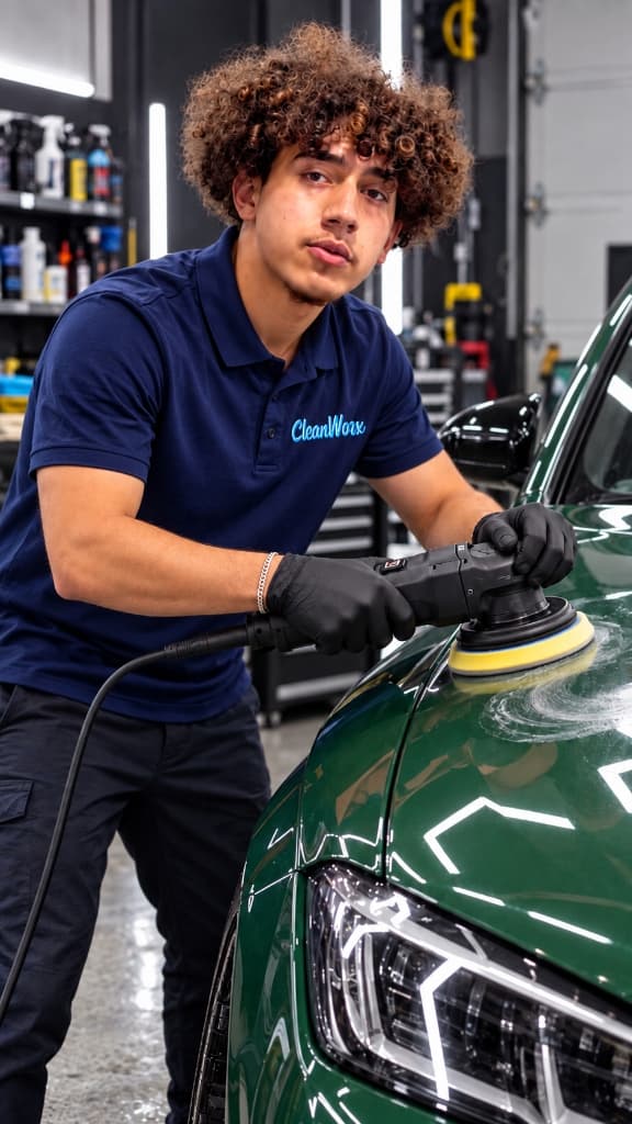 CleanWorx certified specialist performing dual-action machine polishing and paint correction in the Basking Ridge shop
