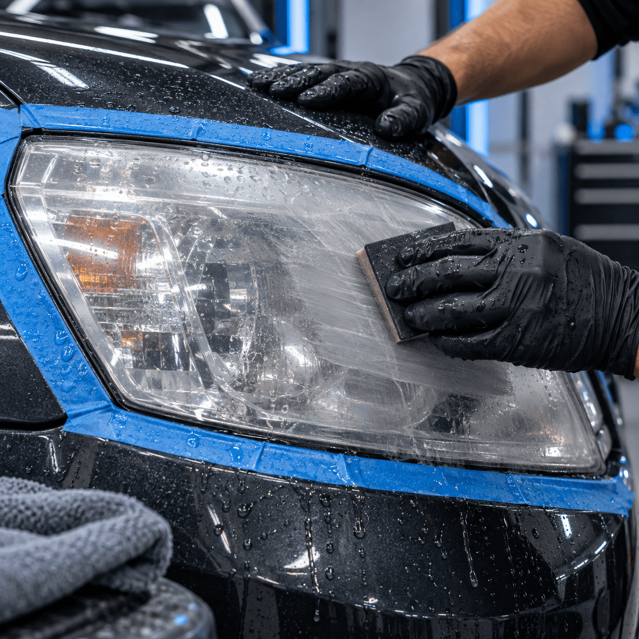 Controlled wet sanding of a vehicle headlight with paint protected by masking tape