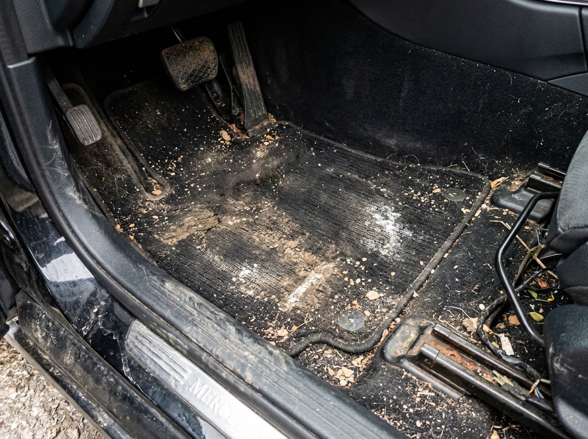 Vehicle floor carpet stained with ground-in mud, road salt, and debris before deep extraction detailing