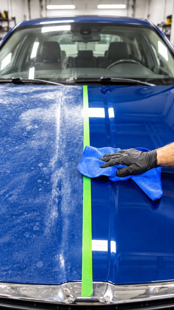 CleanWorx 50/50 paint correction comparison showing swirl mark and oxidation removal with mirror clarity