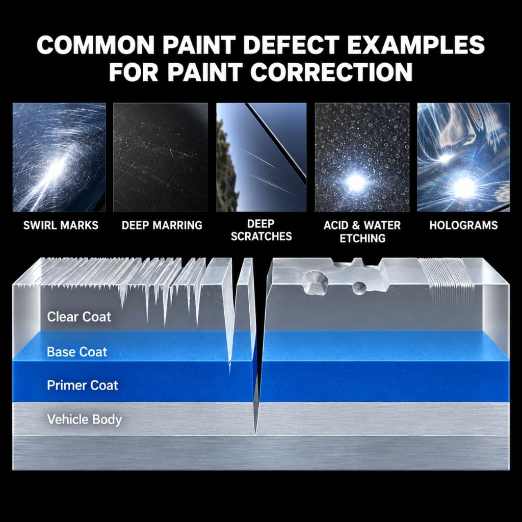Common paint defect examples: swirl marks, deep marring, scratches, etching, holograms and clear coat cross section