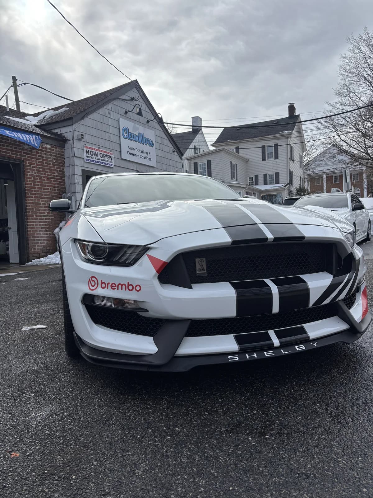 Ford Shelby GT350 Mustang in front of CleanWorx Auto Detailing & Ceramic Coatings shop